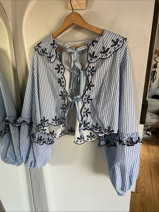 Maeve Tops - Maeve by Anthropologie Blue Stripe Embroidered Peasant Blouse